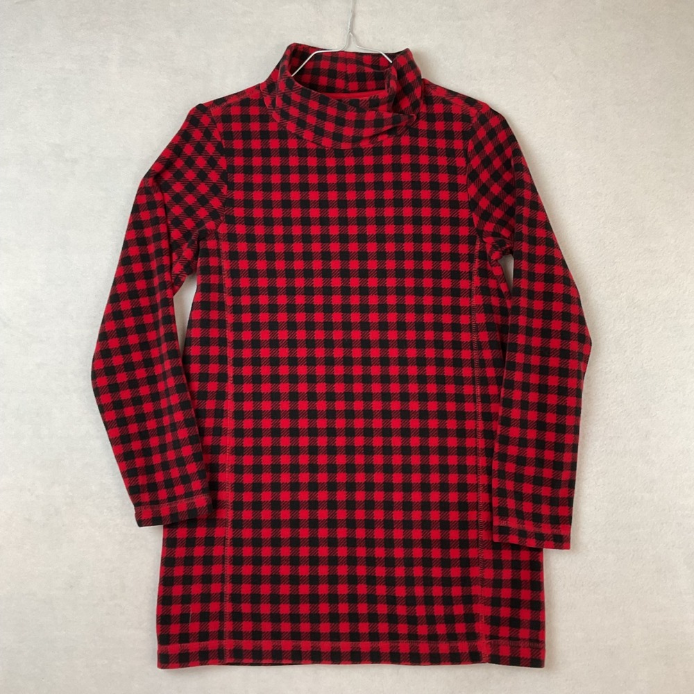 Lands End Womens Red Black Buffalo Check Fleece Mock Neck Tunic Top Small 6-8